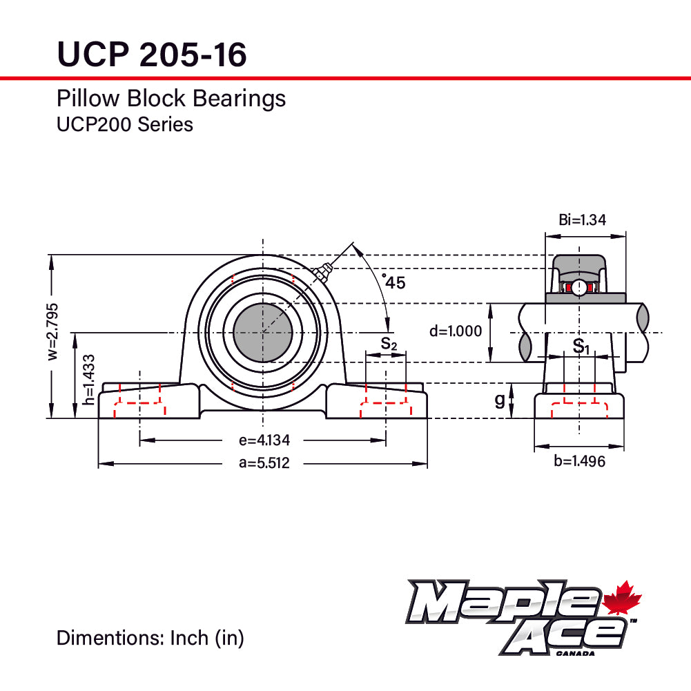 UCP205-16 Pillow Block Bearing 1in Bore, 2-Bolt, Self-Aligning, Solid Base