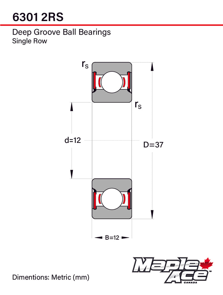 6301-2RS Ball Bearing Premium Rubber Sealed 12x37x12mm