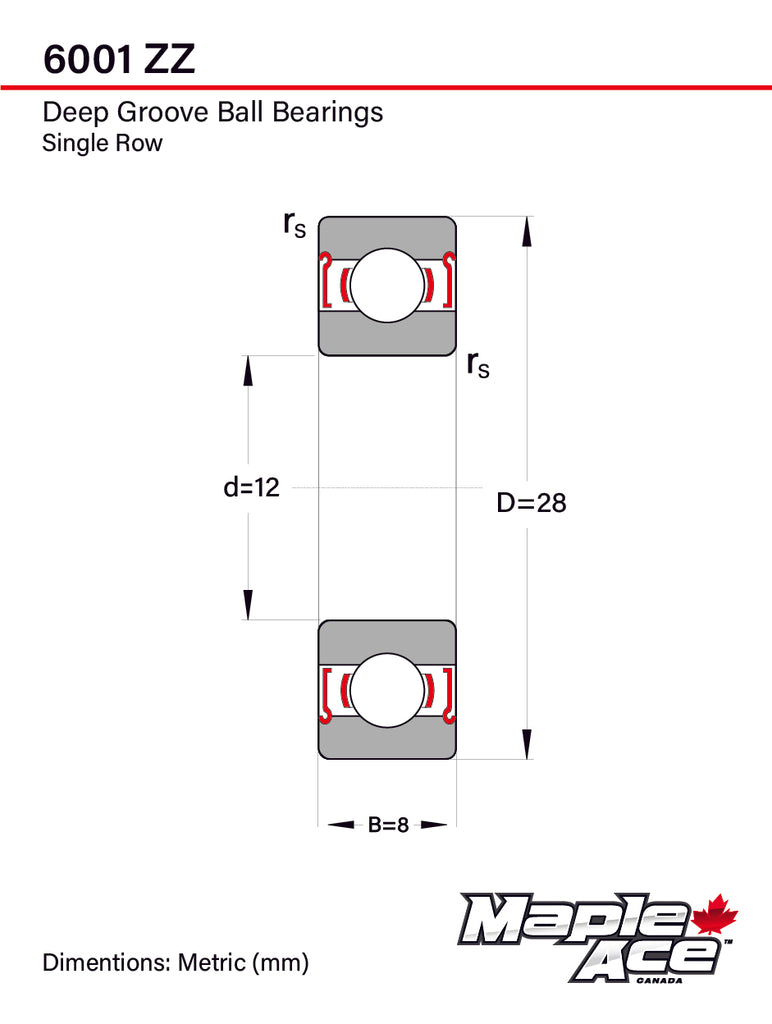 6001-ZZ Ball Bearing 12x28x8mm 6001 ZZ Metal Shielded