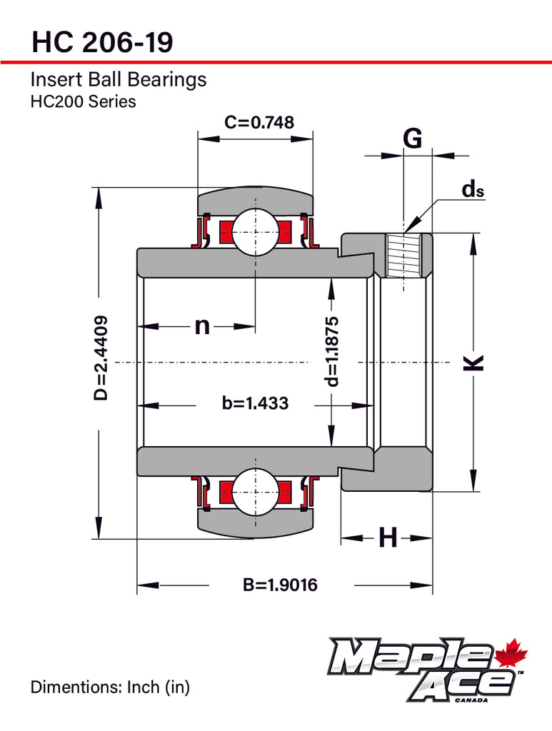 HC206-19,NA206-19 Insert Bearing 1-3/16in Bore Re-lube w/Eccentric Locking Collar