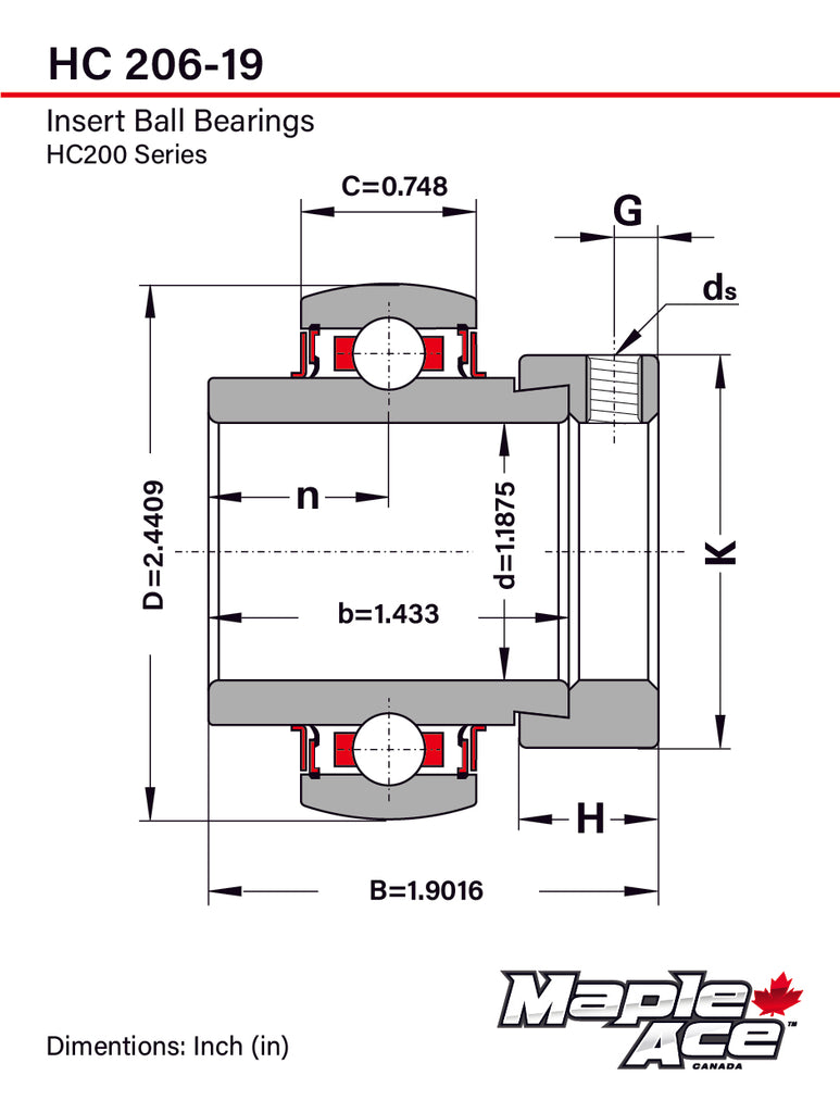 HC206-19,NA206-19 Insert Bearing 1-3/16in Bore, Spherical OD, Eccentric Lock Collar, Lube Hole