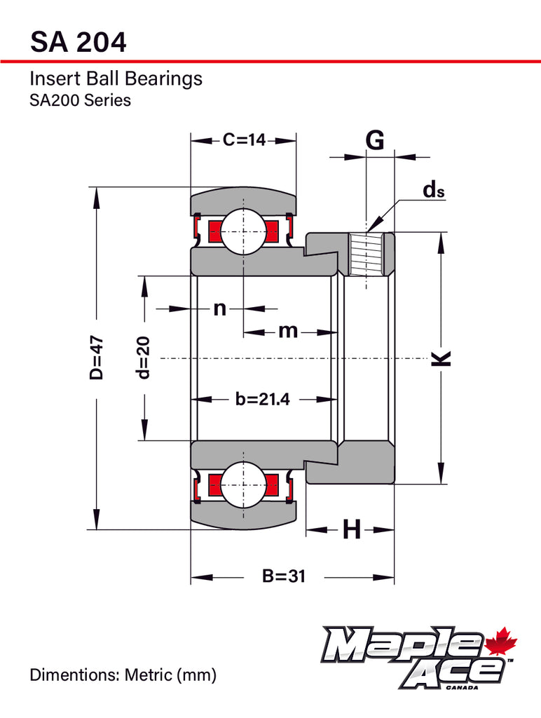 SA204 Insert Bearing 20mm Bore, Spherical OD, Eccentric Lock Collar, No Lube Hole