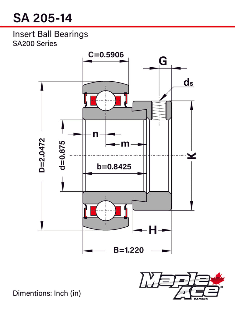 SA205-14 Insert Bearing 7/8in Bore, Spherical OD, Eccentric Lock Collar, Lube Hole