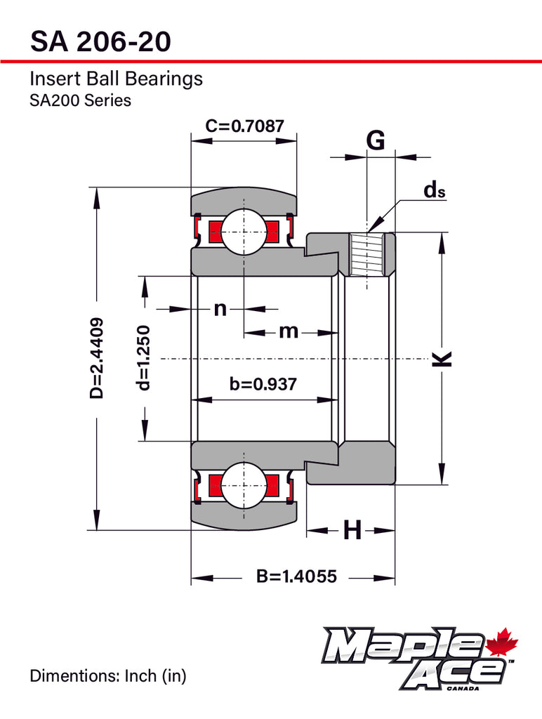 SA206-20 Insert Bearing 1-1/4in Bore, Spherical OD, Eccentric Lock Collar, No Lube Hole