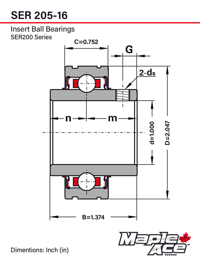 SER205-16 Insert Bearing 1in Bore w/Set Screws and Snap Ring