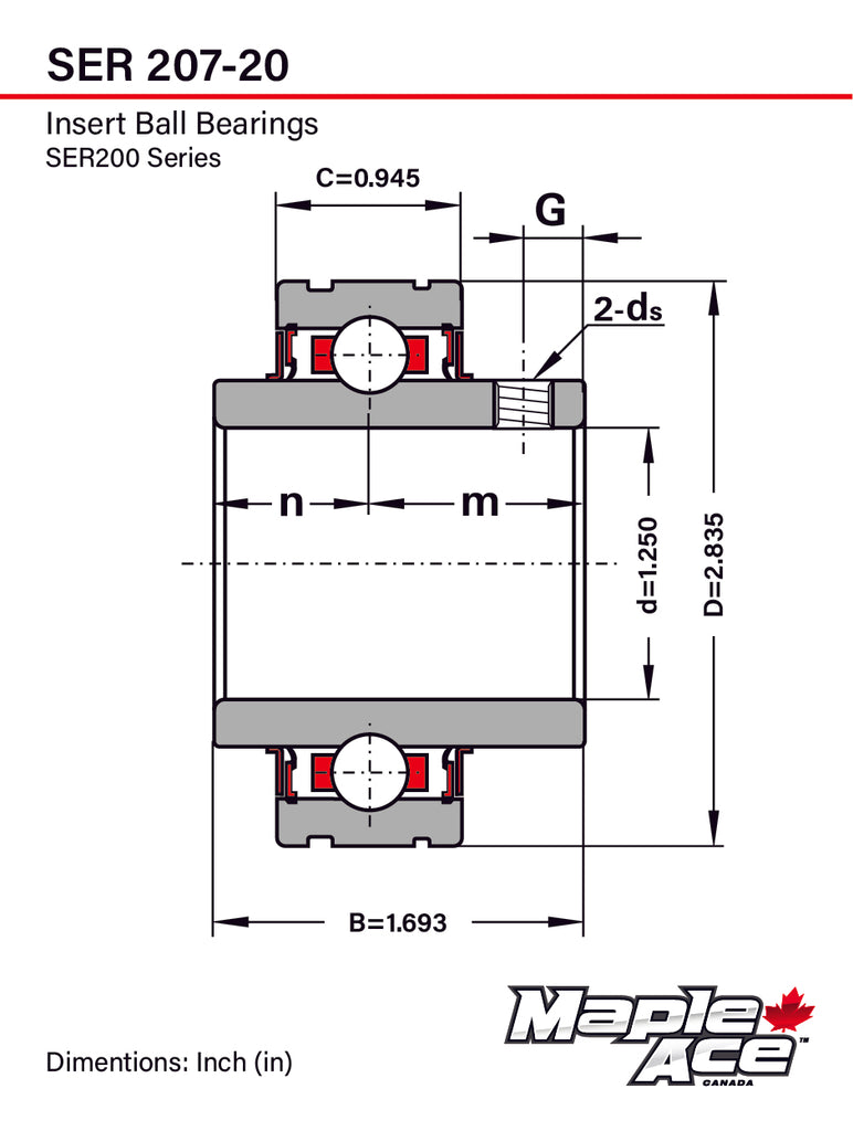 SER207-20, ER20 Insert Bearing 1-1/4in Bore, Cylindrical OD with Snap Ring