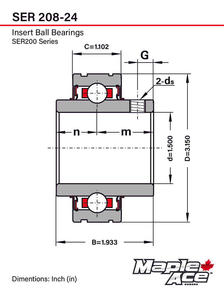SER208-24 Insert Bearing 1-1/2in Bore w/Set Screws and Snap Ring