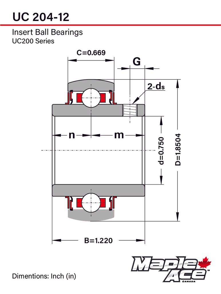 UC204-12 Insert Bearing 3/4in Bore, Spherical OD, R3 Seal, Set Screws, Lube Hole