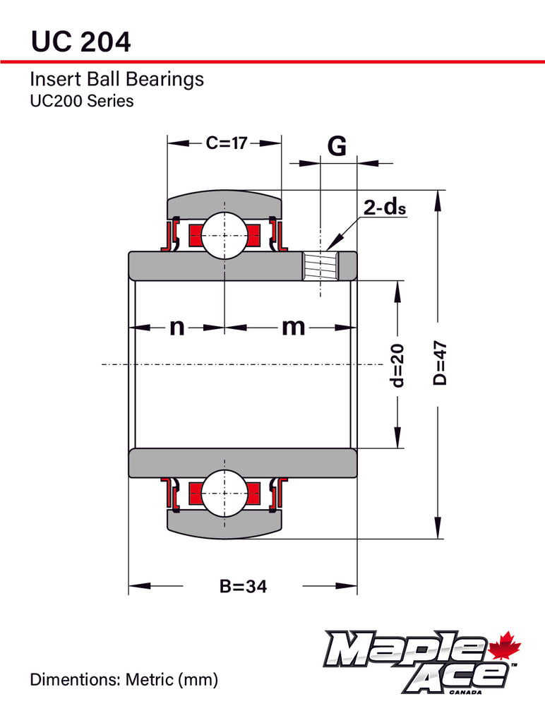 UC204 Insert Bearing 20mm Bore, Spherical OD, R3 Seal, Set Screws, Lube Hole