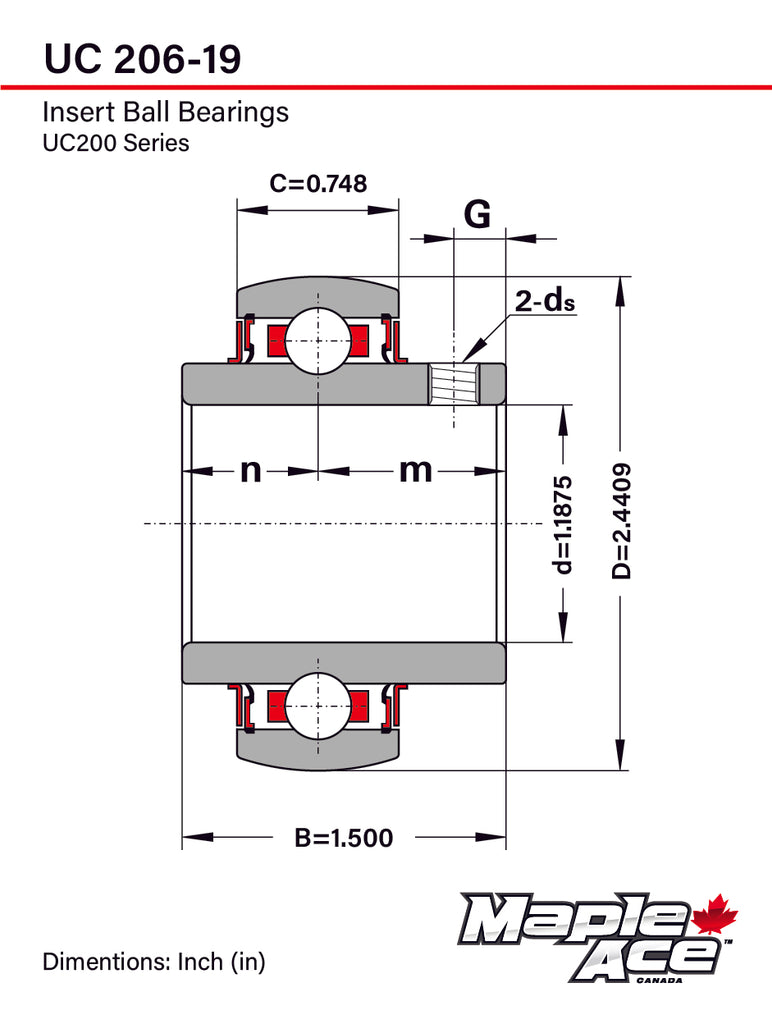 UC206-19 Insert Bearing 1-3/16in Bore Spherical OD Re-lube w/Set Screws