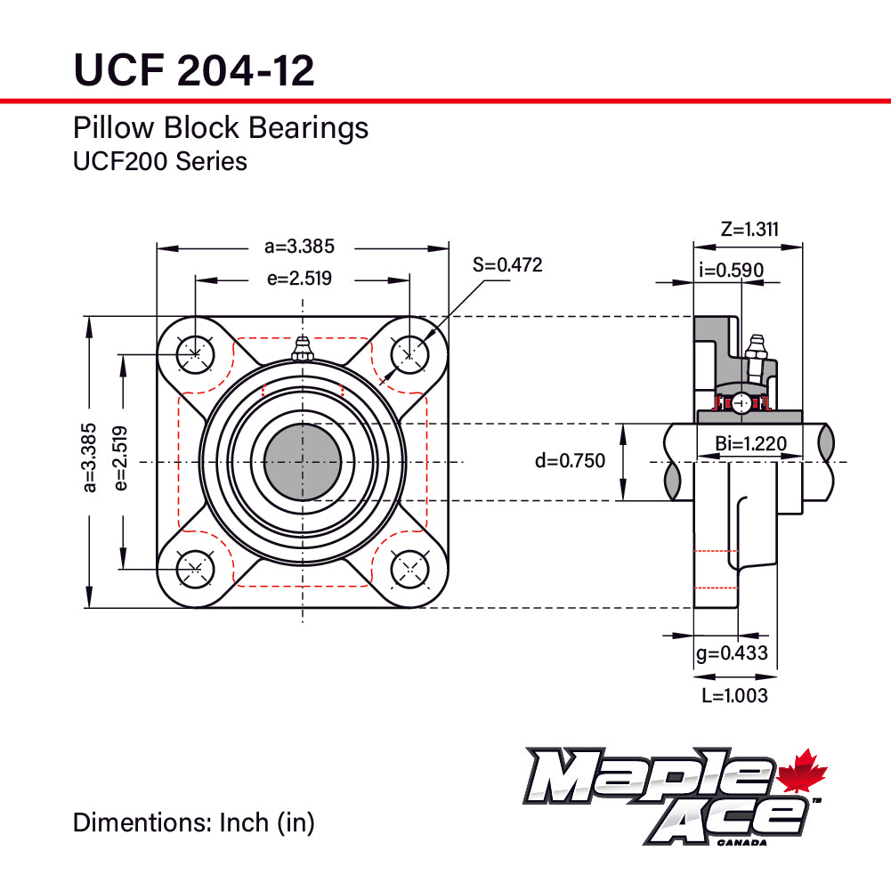 UCF204-12 Flange Bearing 3/4in Bore, 4-Bolt Self-Aligning, Solid Base, 3 Lips Seal