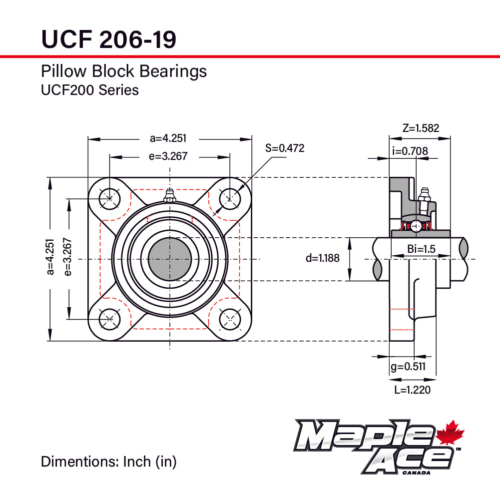 UCF206-19 Flange Bearing 1-3/16in Bore, 4-Bolt Self-Aligning, Solid Base