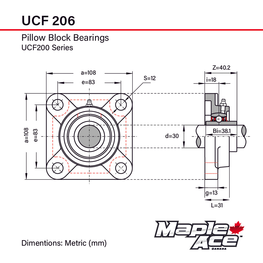 UCF206 30mm Bore Flange Bearing 4-Bolt Solid