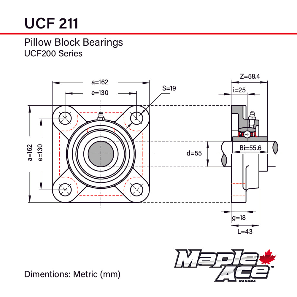 UCF211 55mm Bore Flange Bearing 4-Bolt Solid