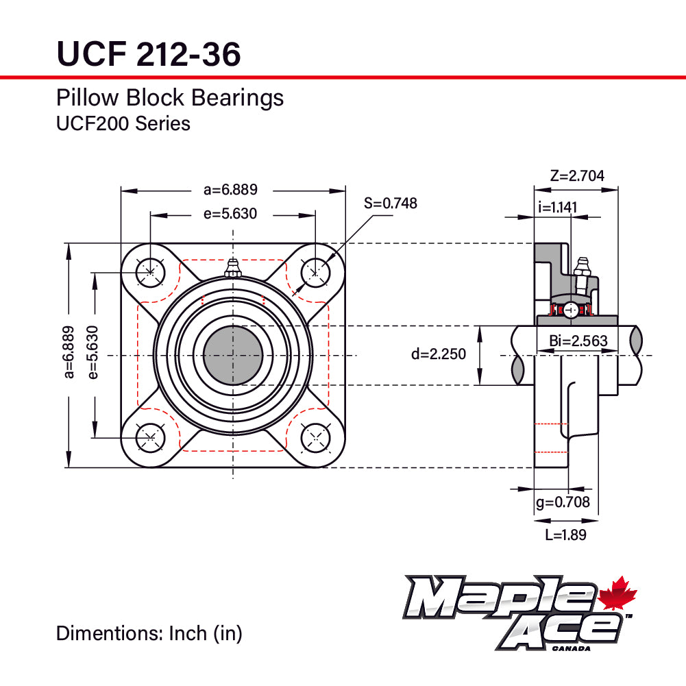 UCF212-36 R3 Triple-Lip Seal Flange Bearing 2-1/4in Bore 4-Bolt Solid