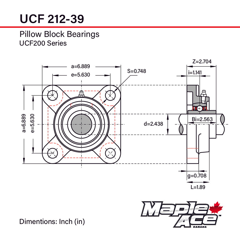 UCF212-39 Flange Bearing 2-7/16in Bore, 4-Bolt Self-Aligning, Solid Base, 3 Lips Seal