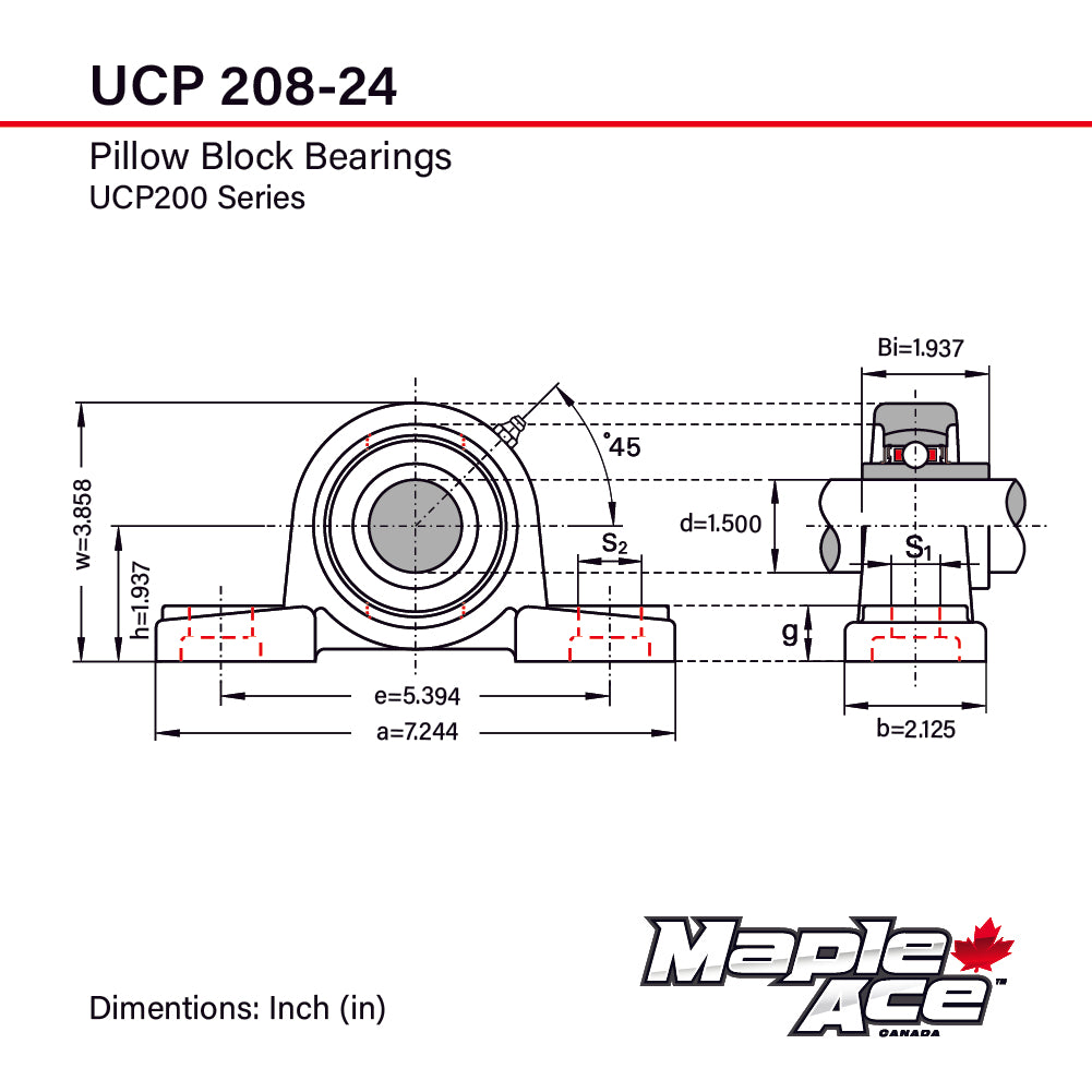 UCP208-24 Pillow Block Bearing 1-1/2in Bore, 2-Bolt, Self-Aligning, 3 Lips Seal