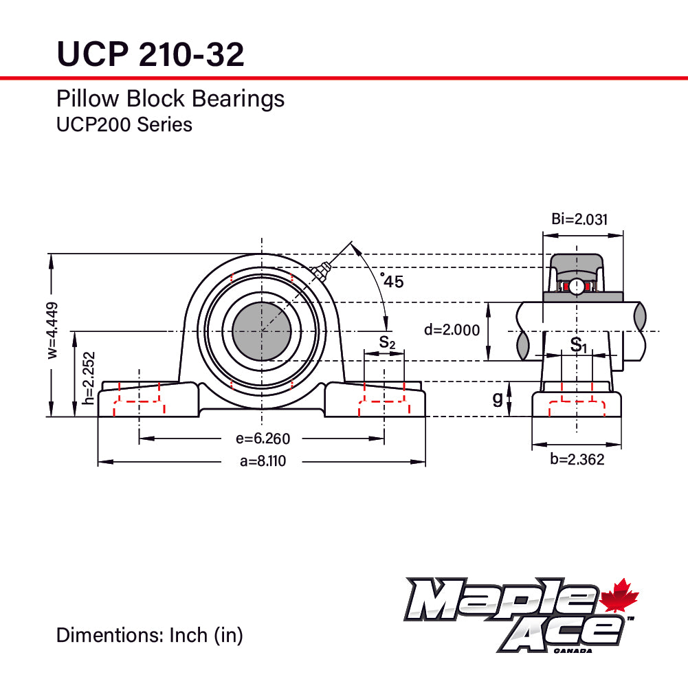 UCP210-32 Pillow Block Bearing 2in Bore, 2-Bolt, Self-Aligning