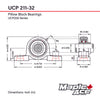 UCP211-32 R3 Triple-Lip Pillow Block Bearing 2in Bore 2-Bolt Solid