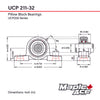 UCP211-32 Pillow Block Bearing 2in Bore, 2-Bolt, Self-Aligning, Solid Base