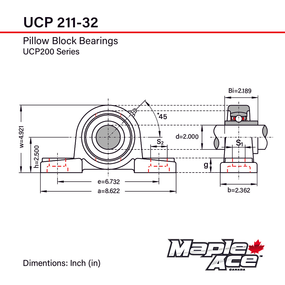 UCP211-32 Pillow Block Bearing 2in Bore, 2-Bolt, Self-Aligning, Solid Base