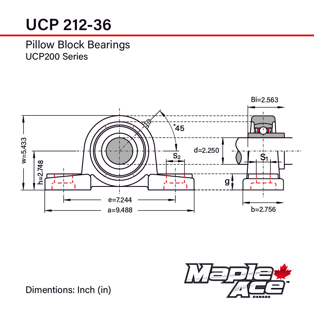 UCP212-36 Pillow Block Bearing 2-1/4in Bore, 2-Bolt, Self-Aligning, Solid Base
