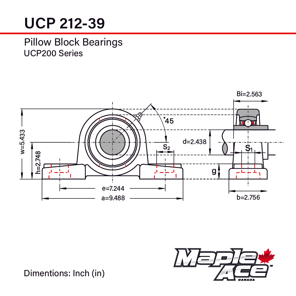 UCP212-39 R3 Triple-Lip Pillow Block Bearing 2-7/16in Bore 2-Bolt Solid